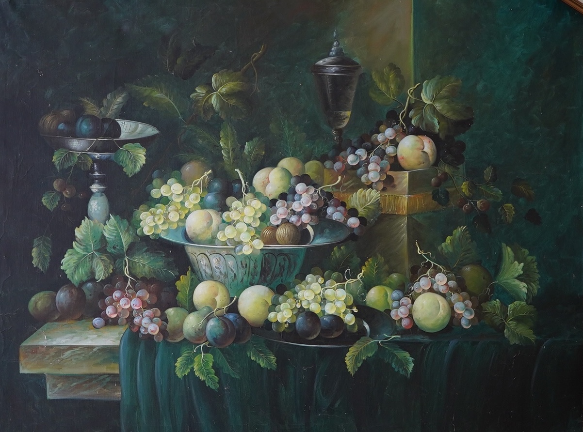 20th century, Dutch style, set of three oils on canvas, Still life scenes of flowers and fruit, unsigned, each 92 x 121cm, unframed. Condition - fair